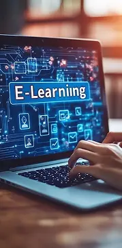 A person using a laptop with an E-Learning platform interface displayed on the screen